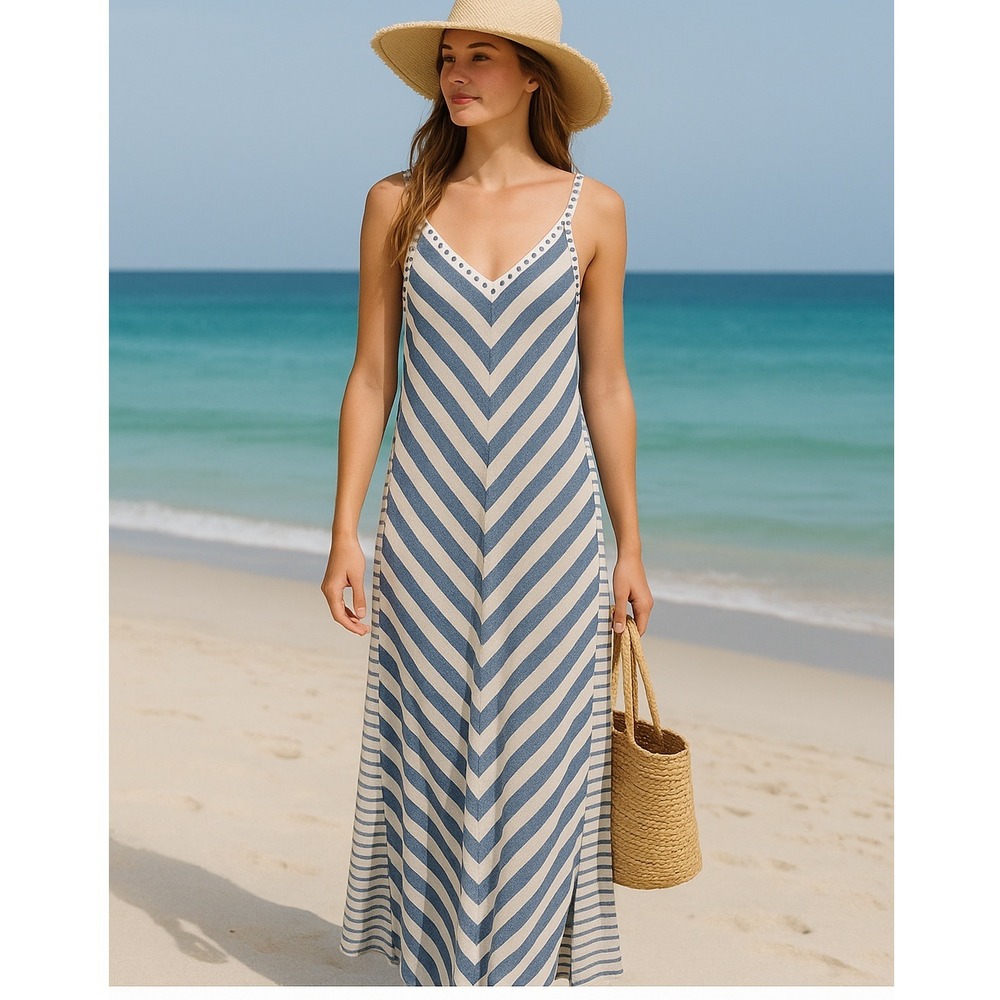 Tommy Bahama Maxi Cover-Up Dress Size XS‎ Blue White Stripe Pom Trim Linen Blend